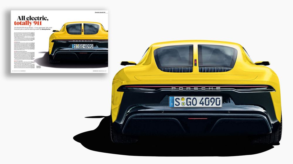 Bright yellow BMW sports car with aggressive rear styling shown from behind next to a magazine layout.