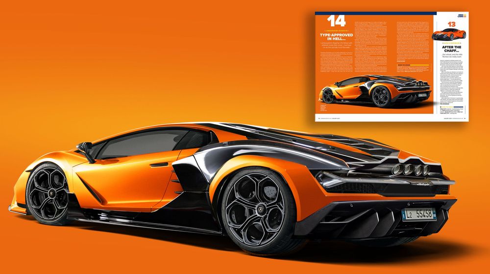 Sleek orange McLaren supercar showcased in side profile against gradient orange background with spec sheet detail.