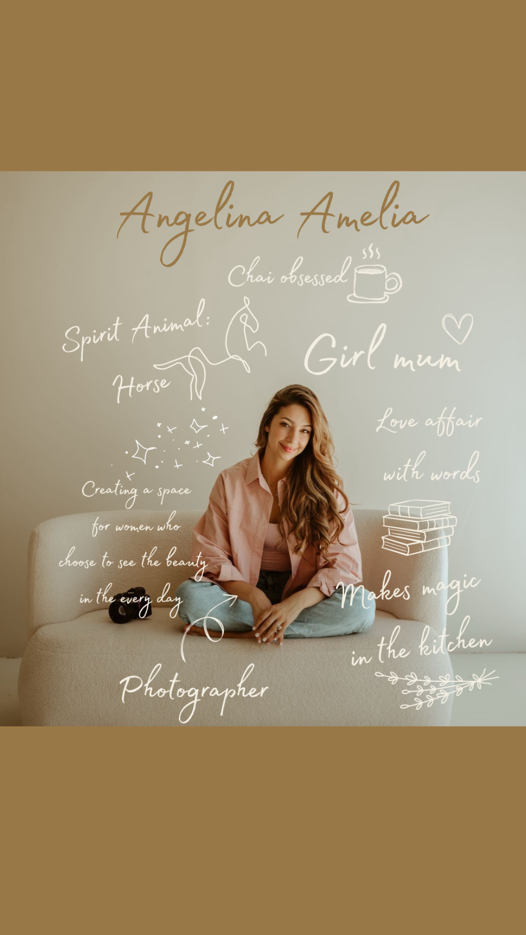 Professional lifestyle photography series with handwritten text overlays showing cozy home scenes in warm neutral tones.