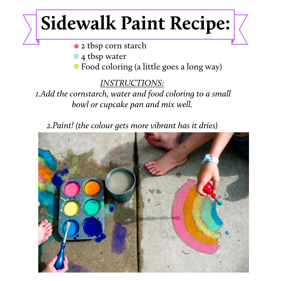 A DIY sidewalk paint recipe with cornstarch and instructions shown alongside colorful rainbow artwork examples on concrete.