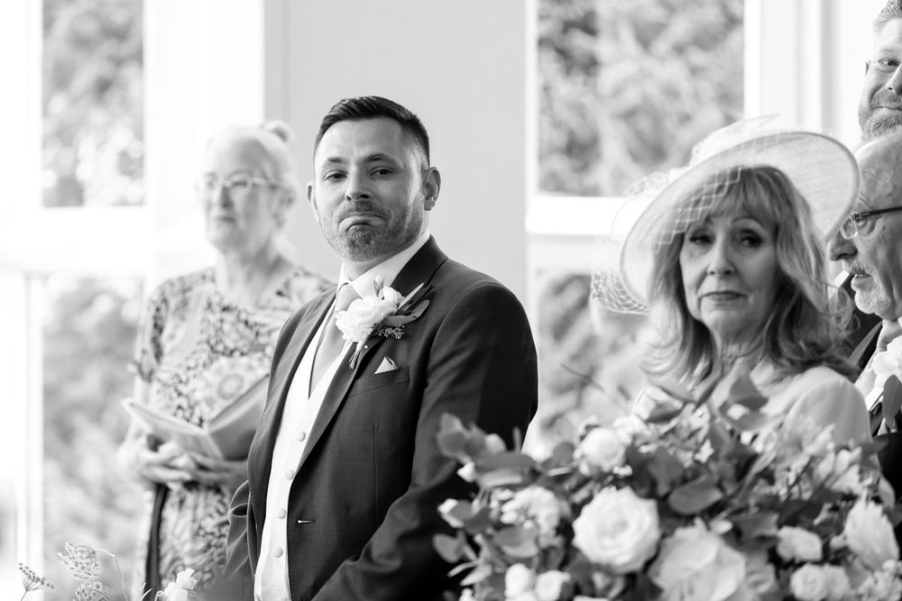 Alan holding back tears as he sees Louisa walking down the aisle at Audley’s Wood Hotel.