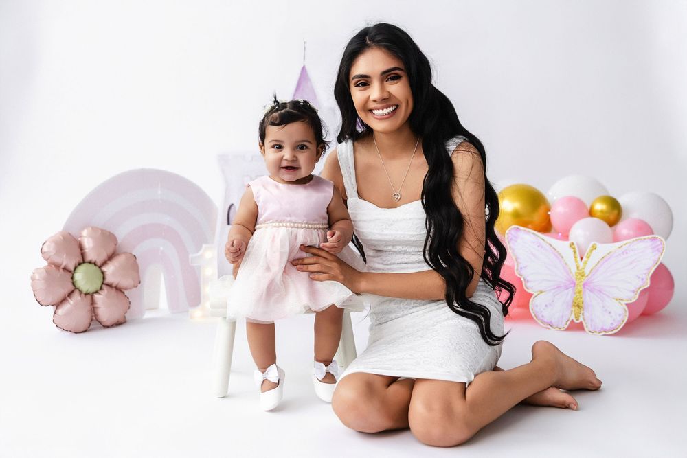 Side view collage of baby maternity sessions showing mother and child poses on white background with pink accents.