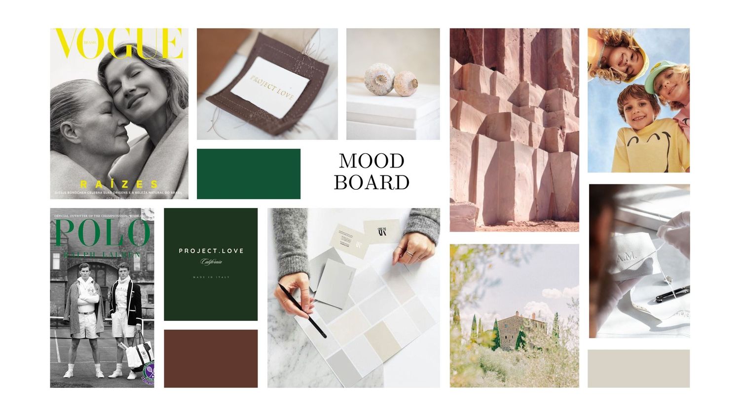 A mood board collection of neutral earth tones featuring home decor, fashion, and lifestyle images arranged in a grid layout.