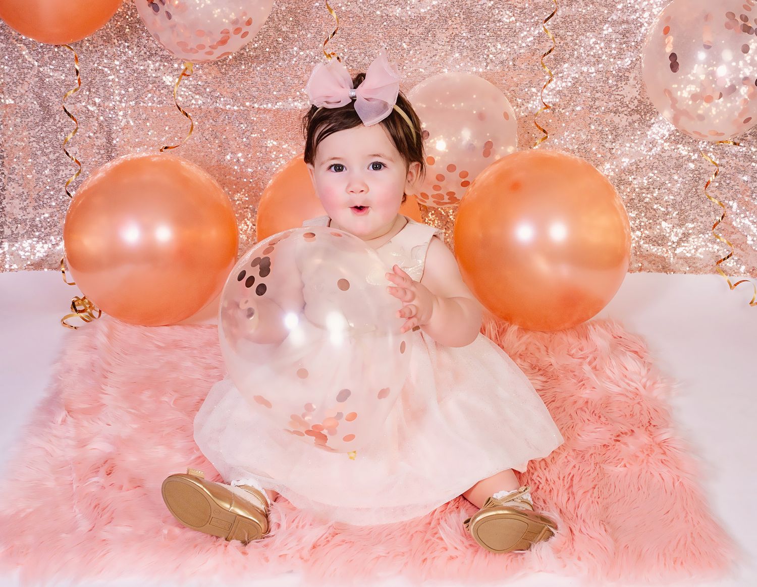 one year birthday photos, photo session, baby girl, pink dress, balloons, 1 year, baby photos, cute babies, cutest baby, studio photos, nc
