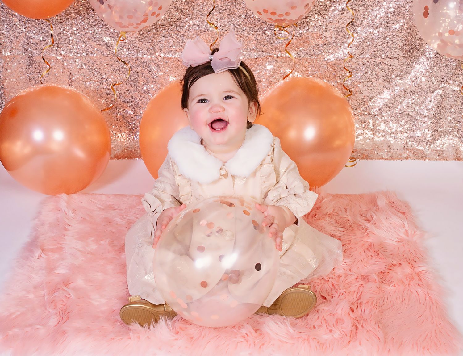 one year birthday photos, baby laughing, baby girl, pink dress, balloons, 1 year, baby photos, cute babies, cutest baby, studio photos, nc