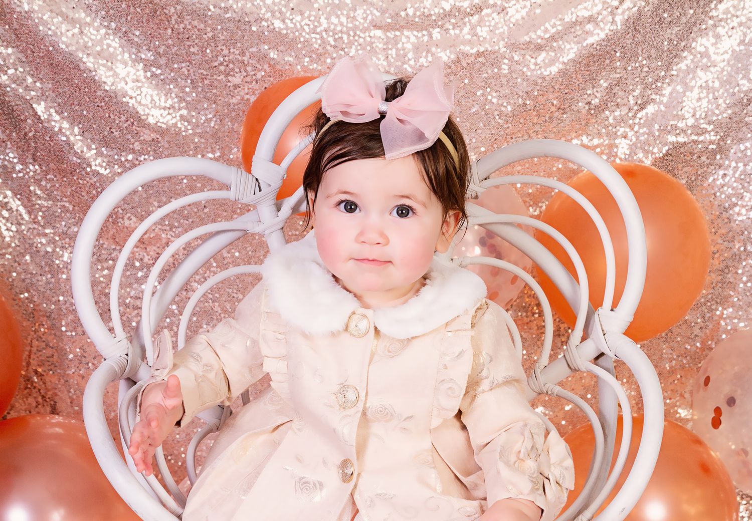 one year birthday photos, photo session, baby girl, pink dress, balloons, 1 year, baby photos, cute babies, cutest baby, studio photos, nc