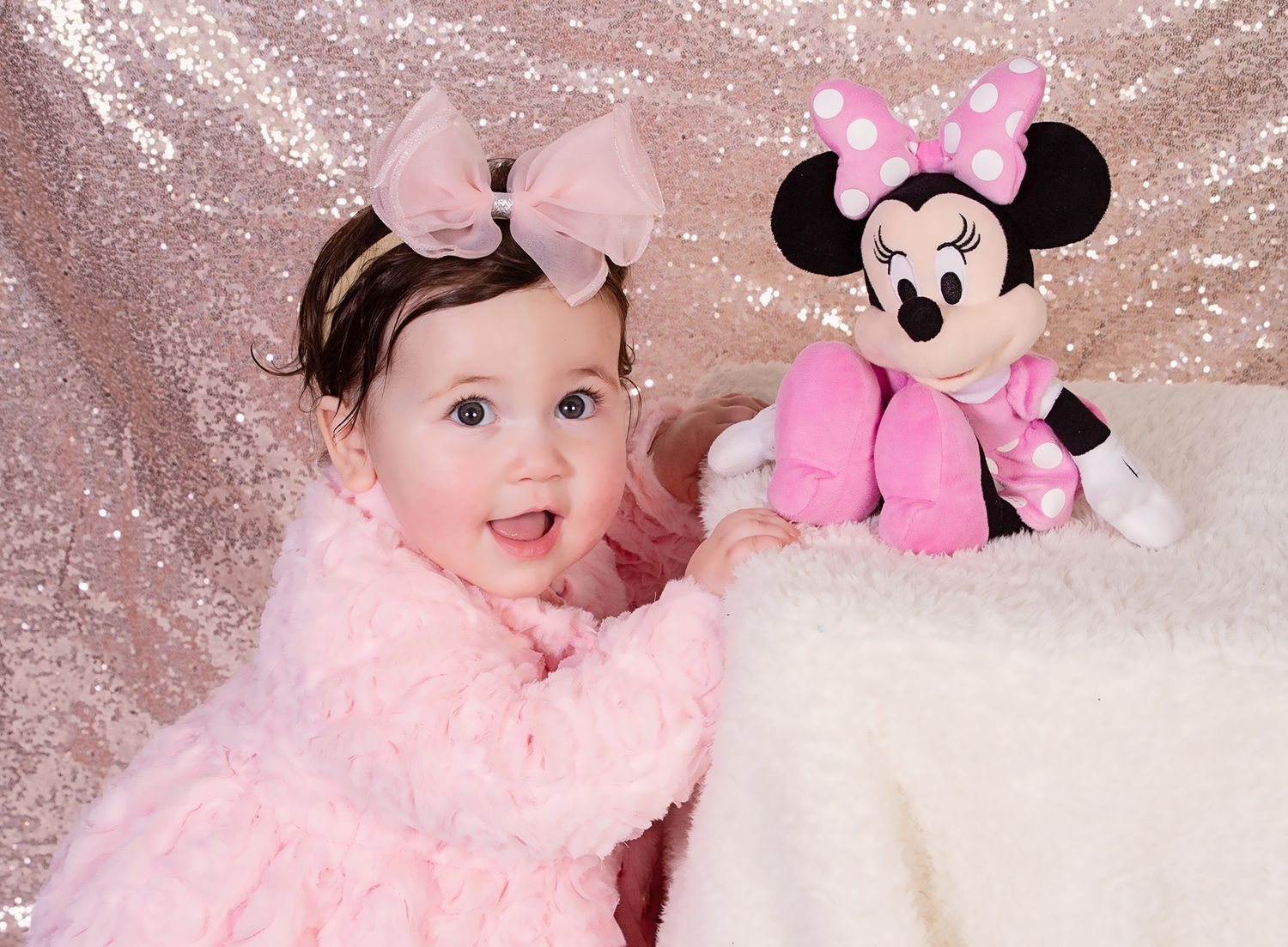 one year birthday photos, photo session, baby girl, pink dress, mini mouse, 1 year, baby photos, cute babies, cutest baby, studio photos, nc