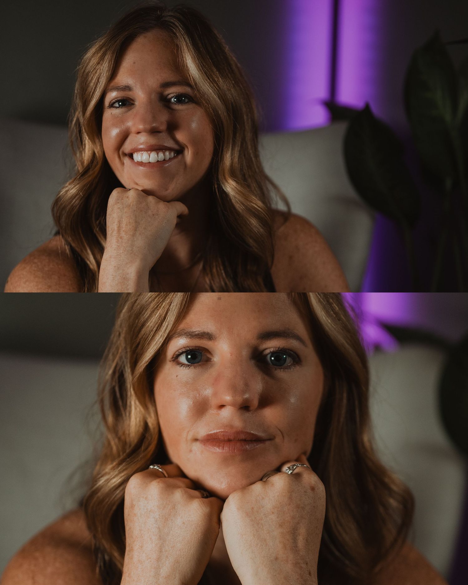 Two portrait shots showing warm expressions and wavy brown hair against a background with purple lighting effects.