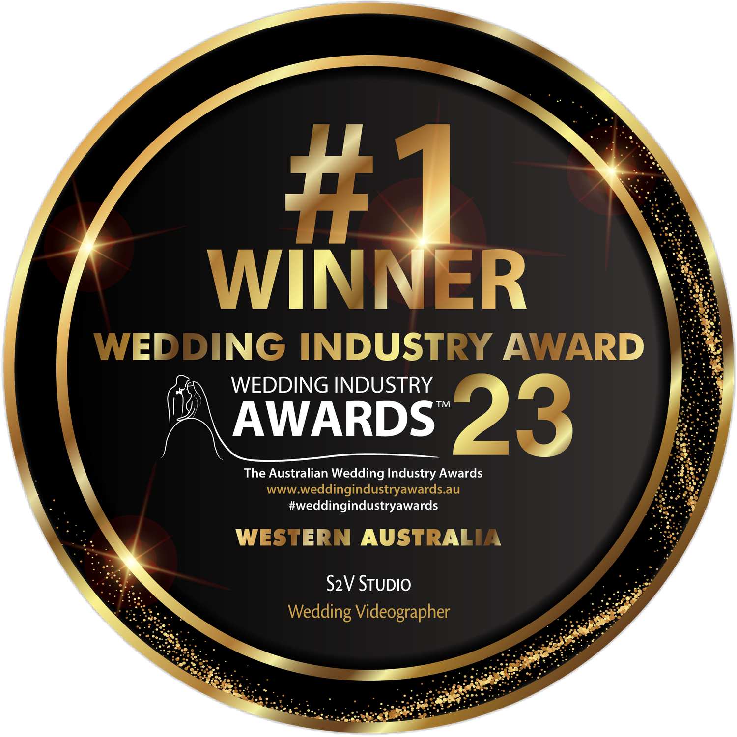 Circular gold and black wedding industry award winner badge for Western Australia.