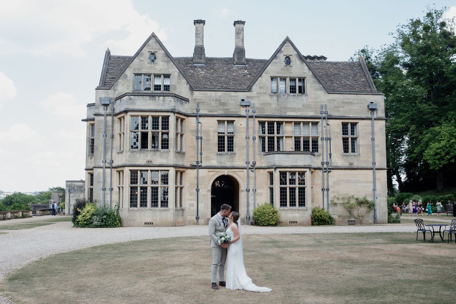 Elegant stone manor house wedding venue shown from multiple angles with bridal couple on the grounds.