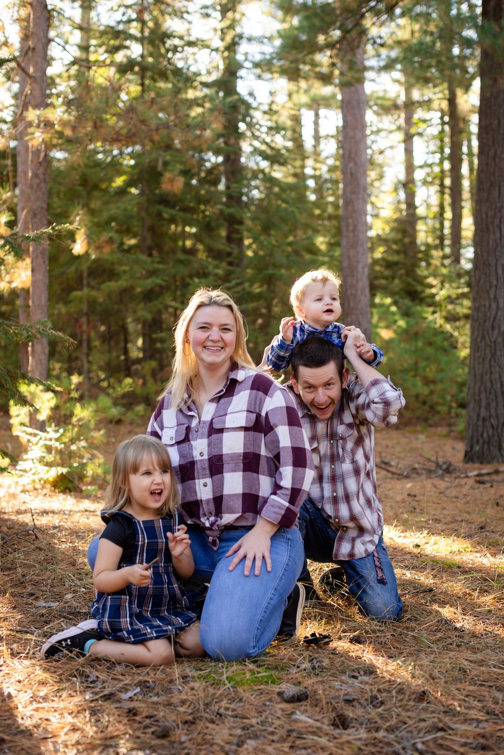 Family laying on autumn pine needles in a sun-dappled forest enjoying playful moments together.