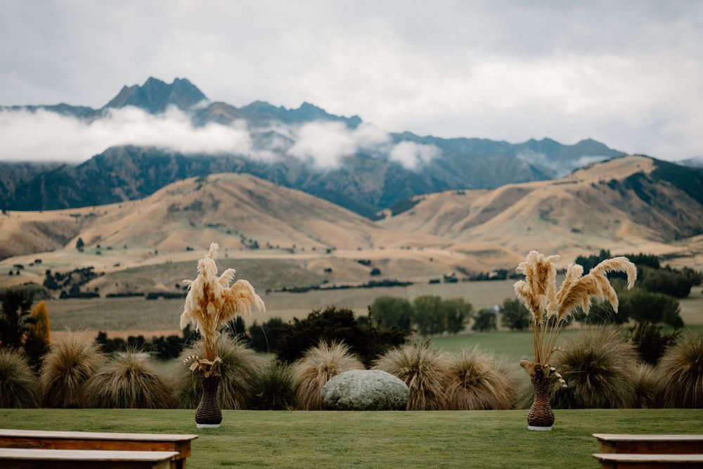 Dramatic mountain landscape with low clouds and dried plants framing the stunning countryside view.