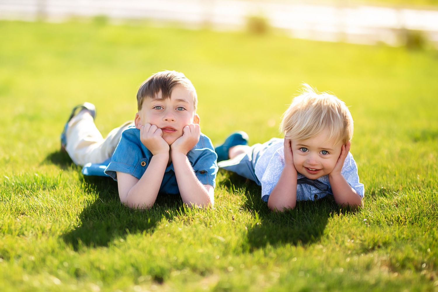 Boys laying in a grassy field on a warm sunny evening during a family photography session in Ellensburg, WA