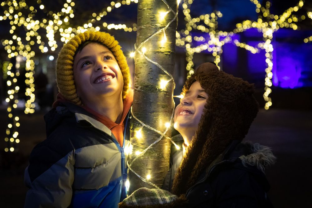 Two people enjoy the magical ambiance of outdoor holiday lights and decorations on a winter evening.