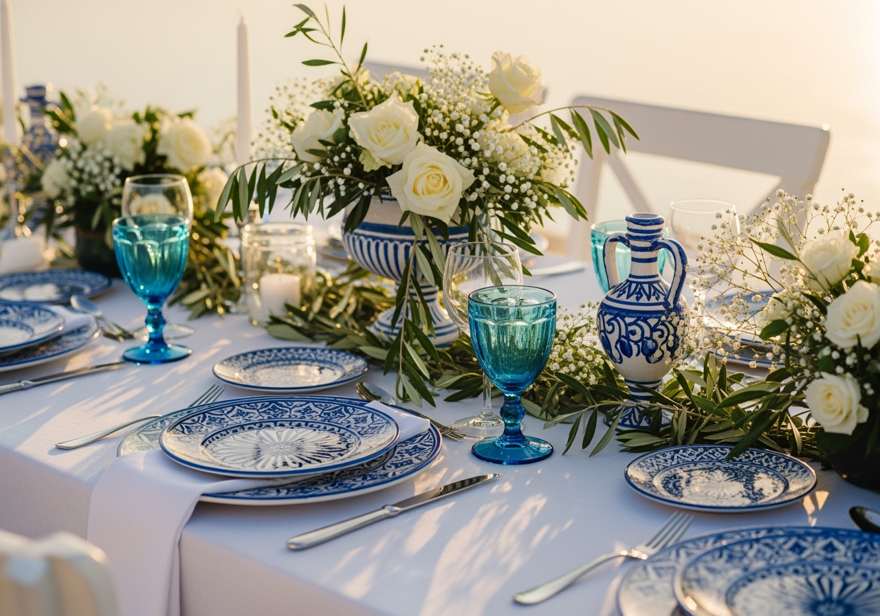 A wedding table setting with white flowers and blue glassware arranged on a white tablecloth.
