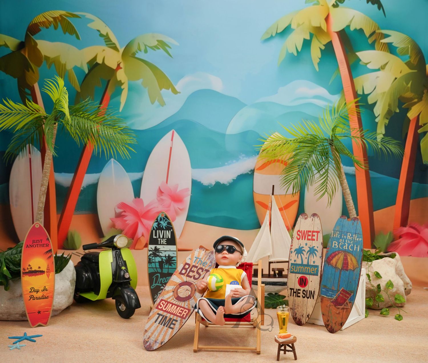 Beach scene with colorful surfboards, palm trees, and beach accessories in playful retro style.