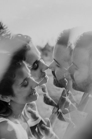 Intimate close-up of the couple laughing after the ceremony — documentary-style wedding photography in Portugal
