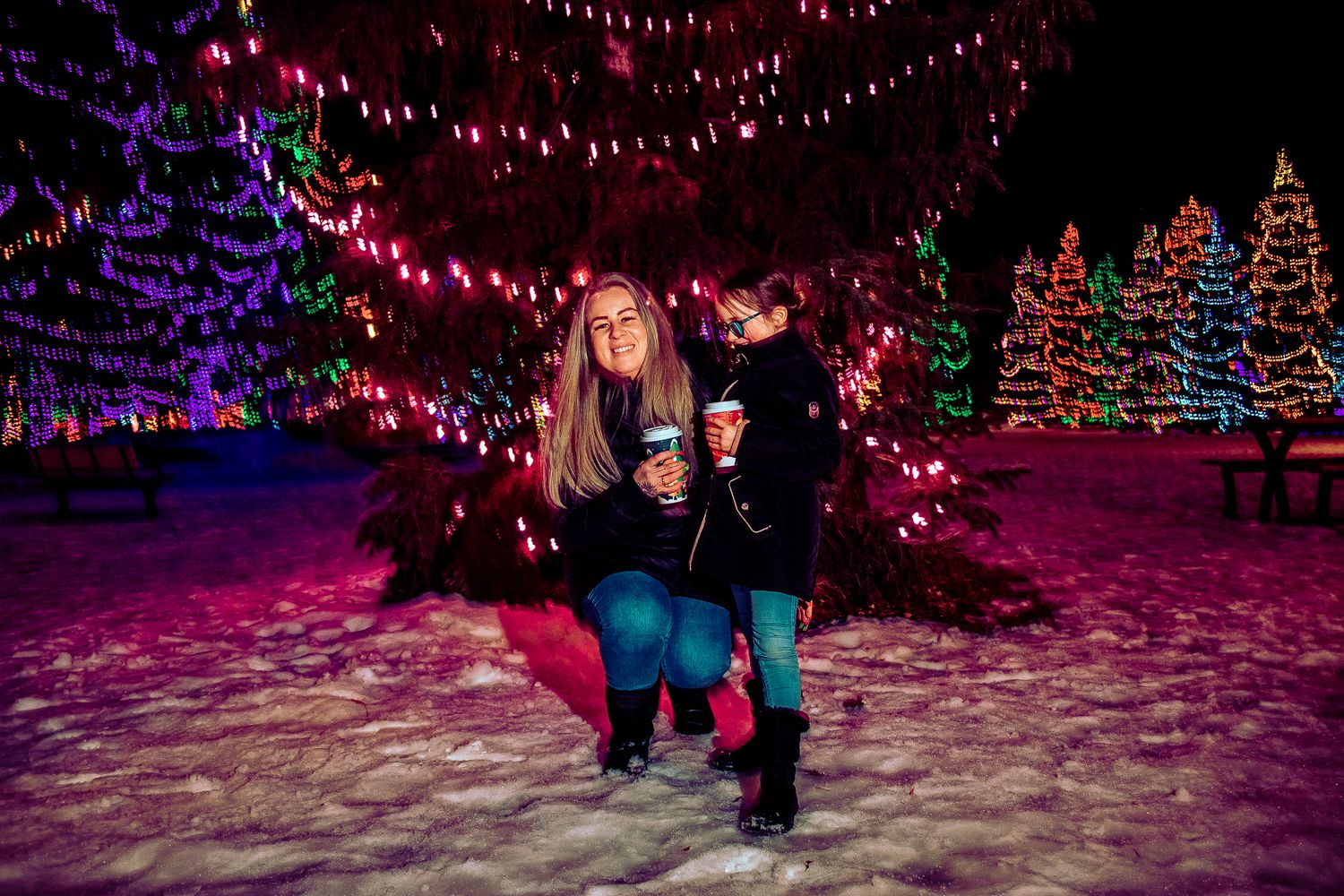 Winter scene with figures posing beneath pink string lights and colorful illuminated trees.