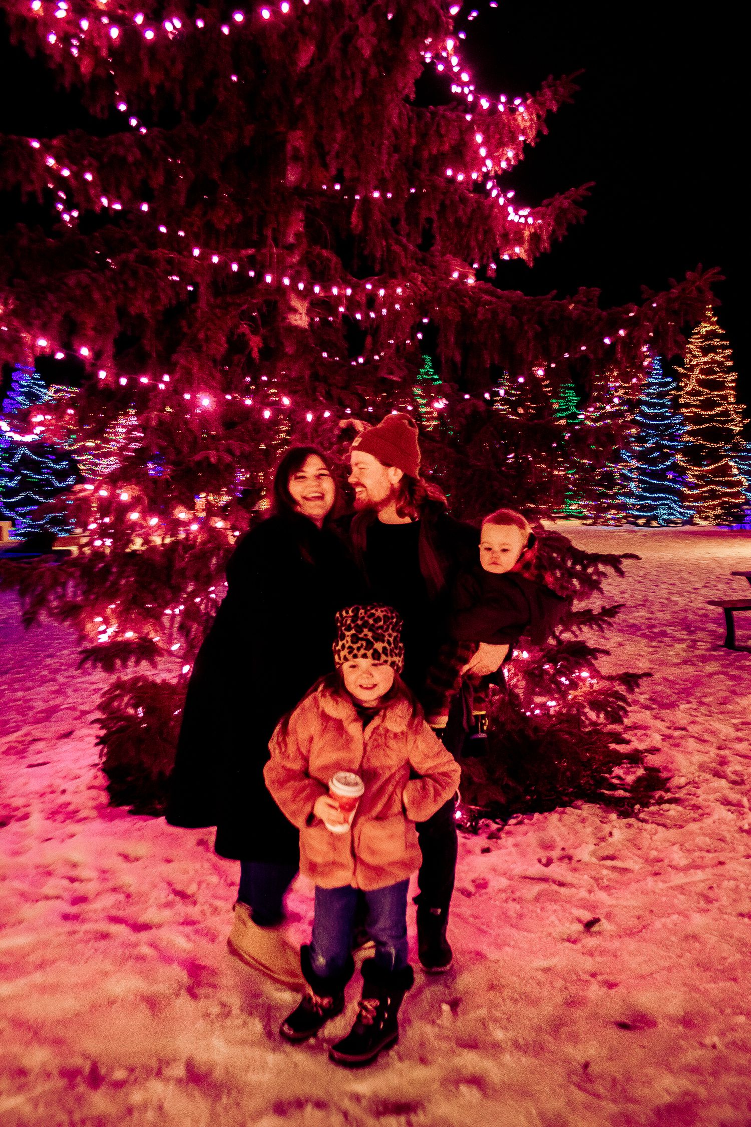 A family portrait taken in front of a large Christmas tree decorated with pink lights on a snowy evening.