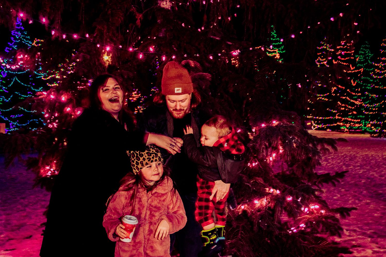 A winter family photo with pink-lit Christmas trees and snow-covered ground creating a magical holiday scene.