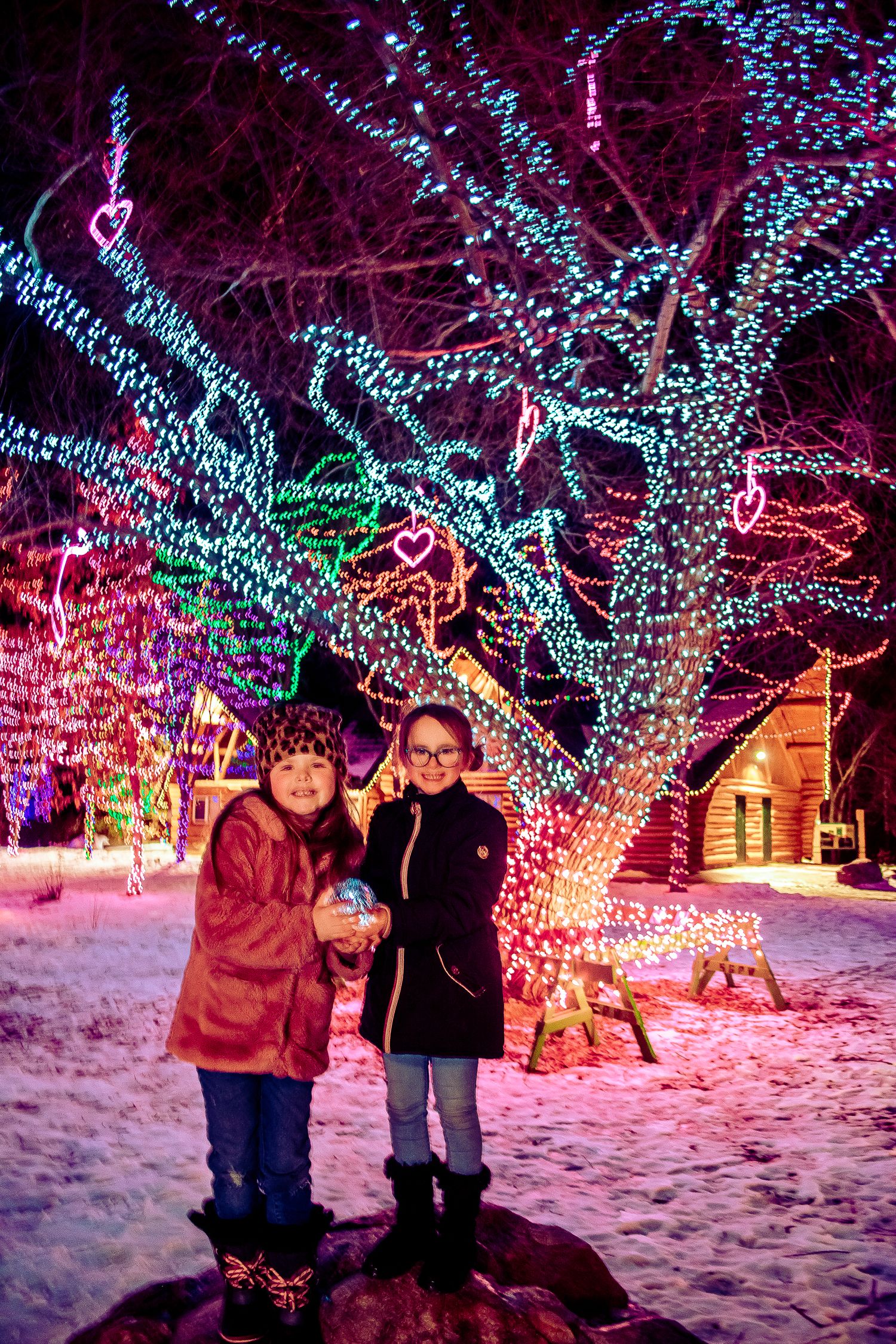 Two bundled-up people stand beneath a tree wrapped in blue LED lights on a snowy winter evening.