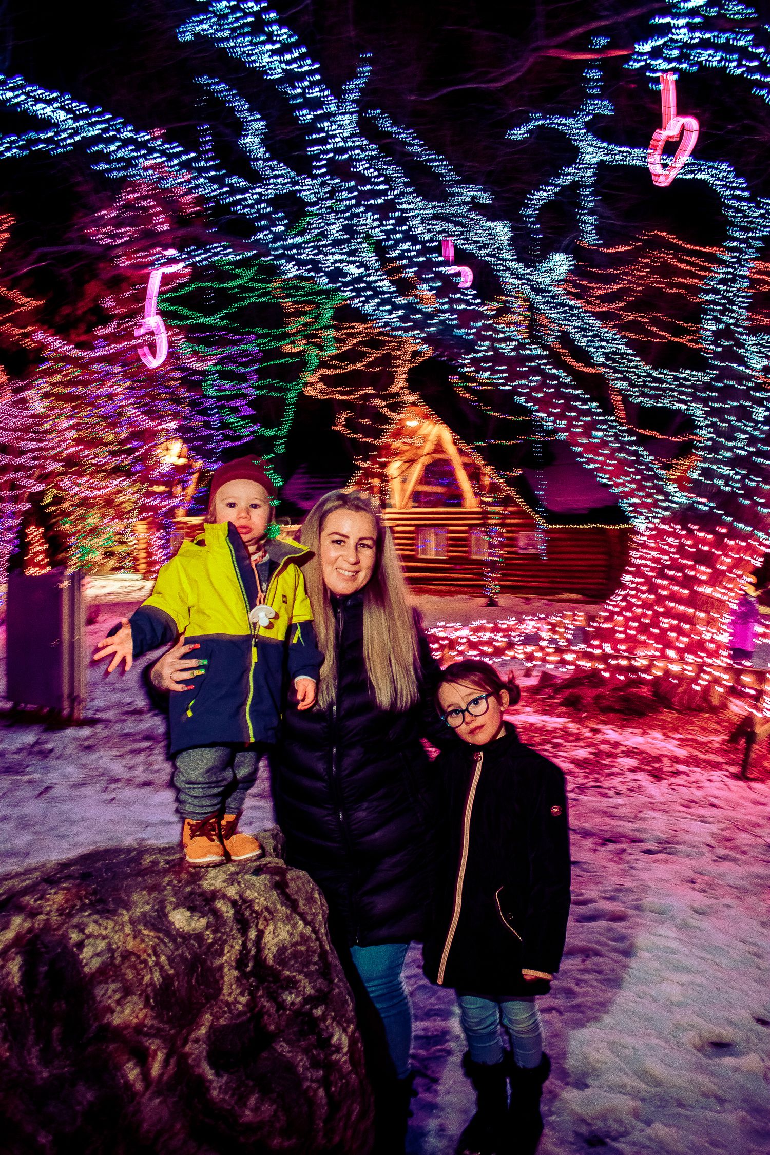 Family group posing together on a snowy rock surrounded by festive holiday light displays.