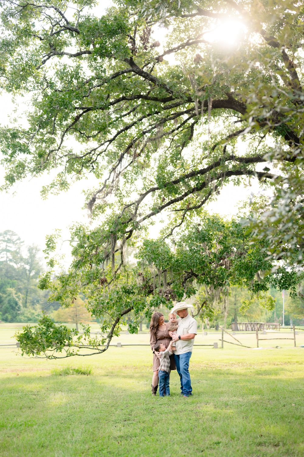 A family moment captured under a sprawling oak tree with golden sunlight filtering through.