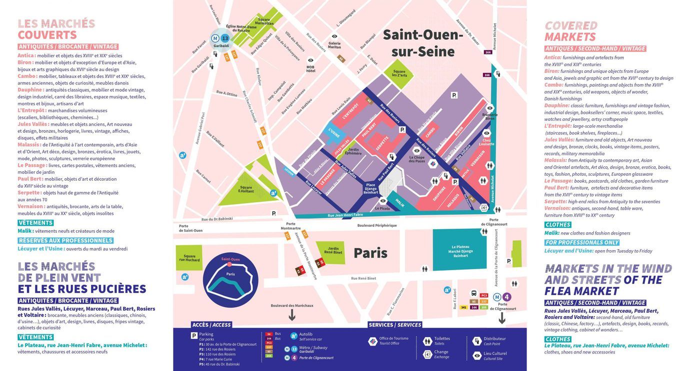 Detailed street map of Saint-Ouen flea market district in Paris showing vendor locations and visitor information.