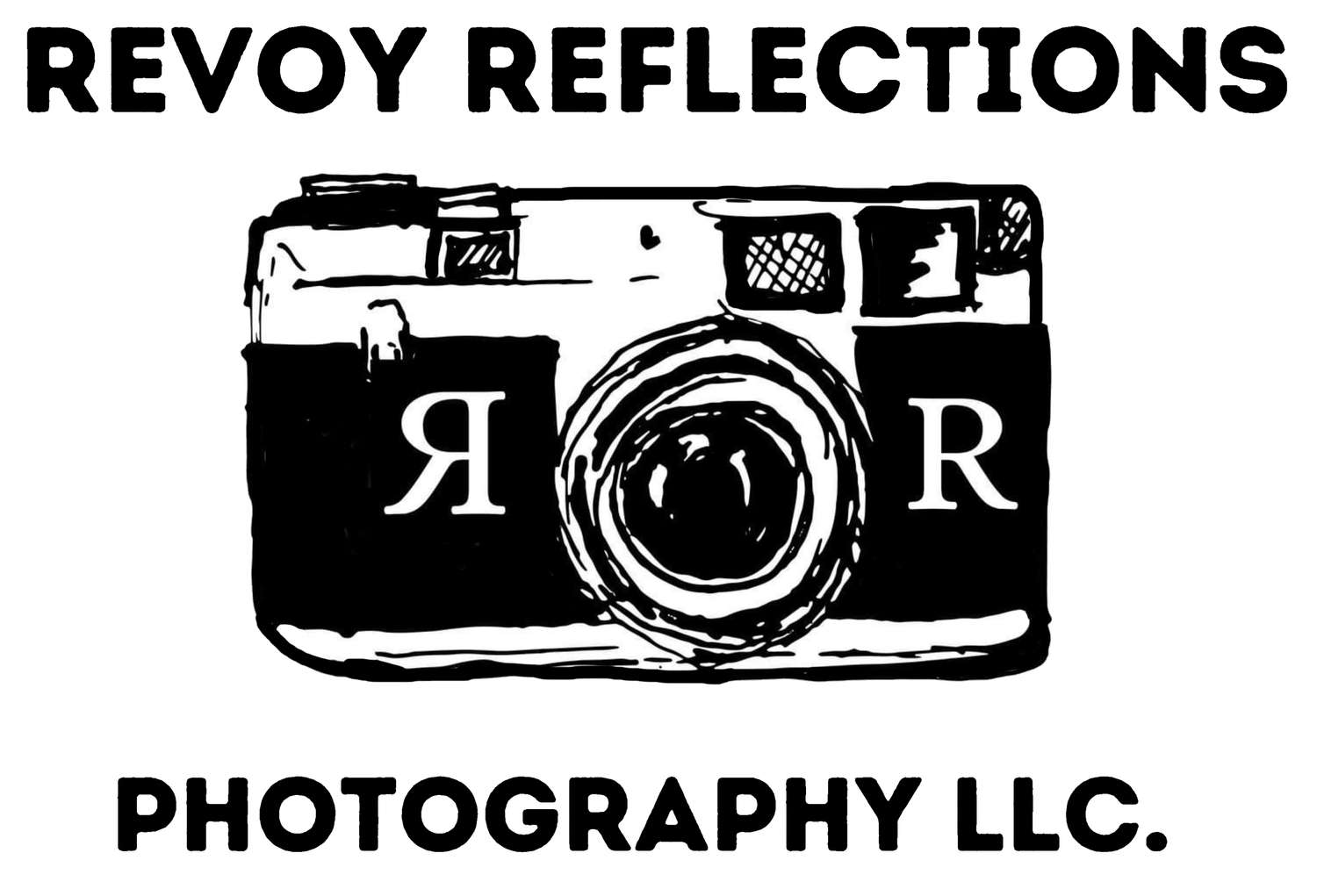 Black and white illustration of a vintage camera with Revoy Reflections text.