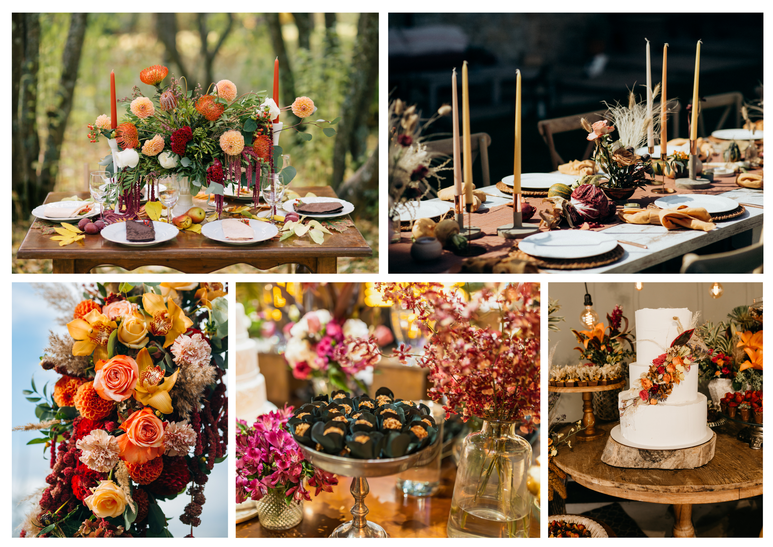 An elegant autumn wedding tablescape collection featuring rich floral arrangements, rustic place settings, and a tiered white cake.