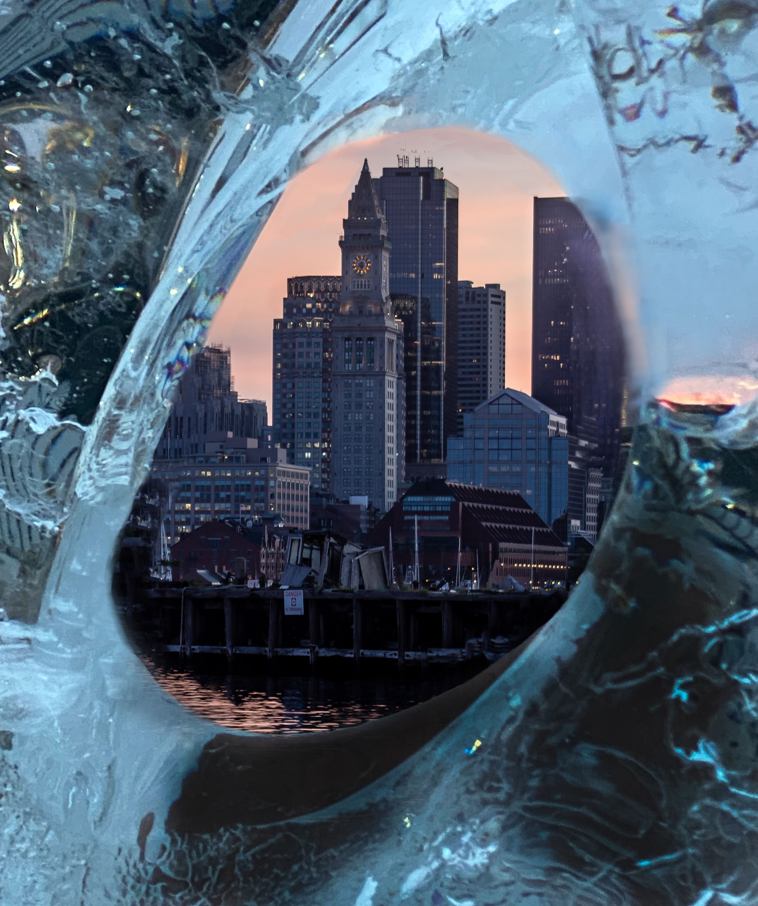 Boston skyline viewed through ice formation at sunset.