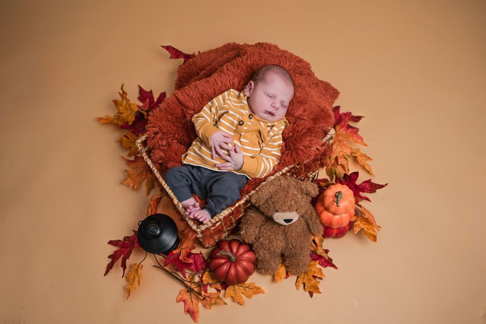Small baby in yellow sweater resting on autumn-themed display with pumpkins, leaves and cozy blanket.