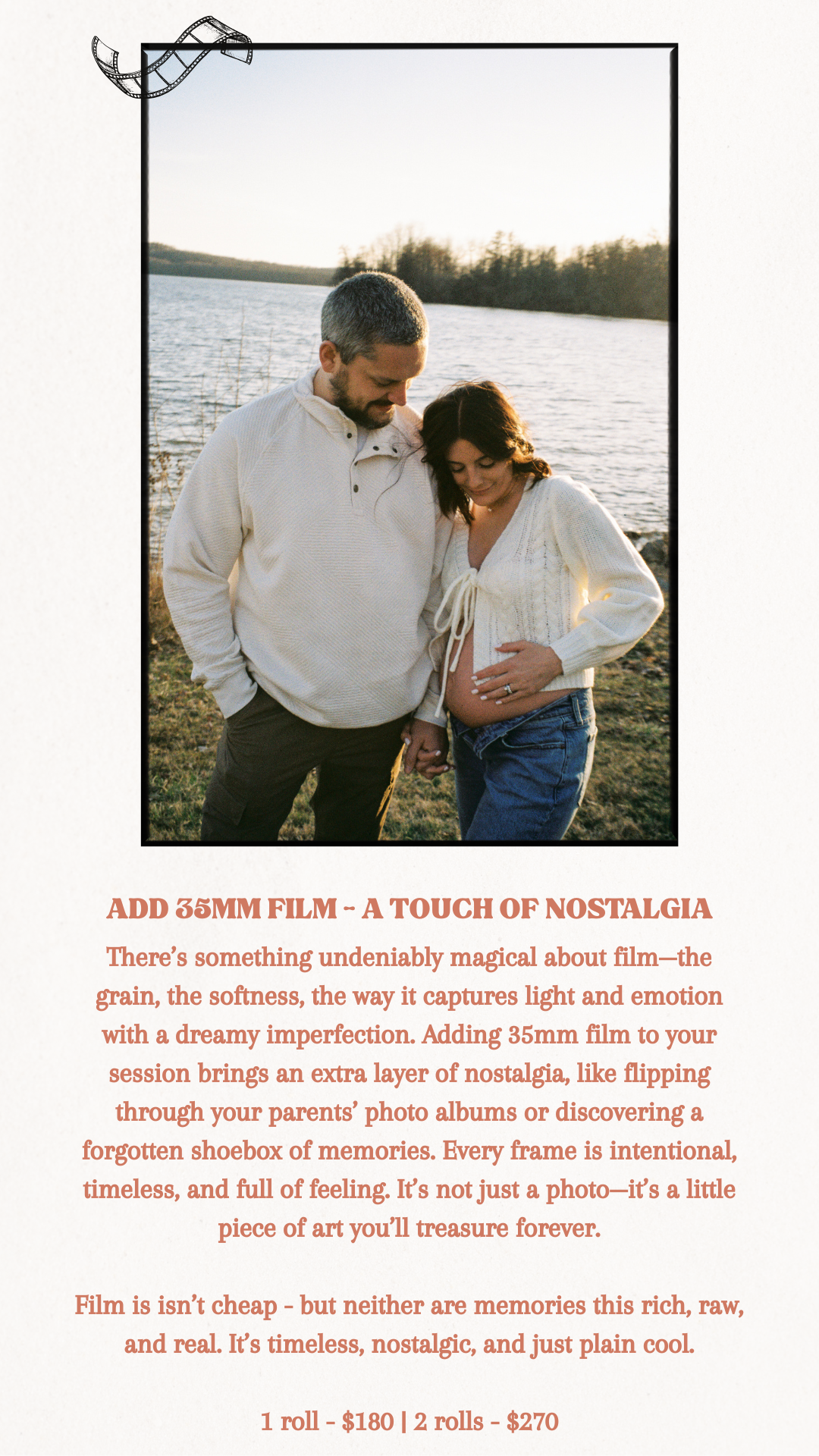 A couple in casual attire shares an intimate moment by a serene lake during sunset with vintage film-like image quality.