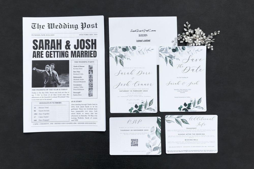 Wedding stationery set featuring custom newspaper design and floral invitations on dark background.