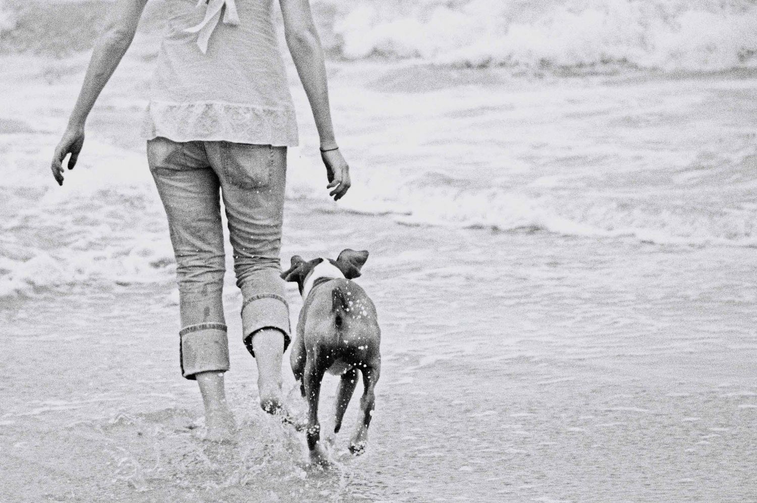 Black and white photo of person walking with a small dog on leash along a sandy beach.
