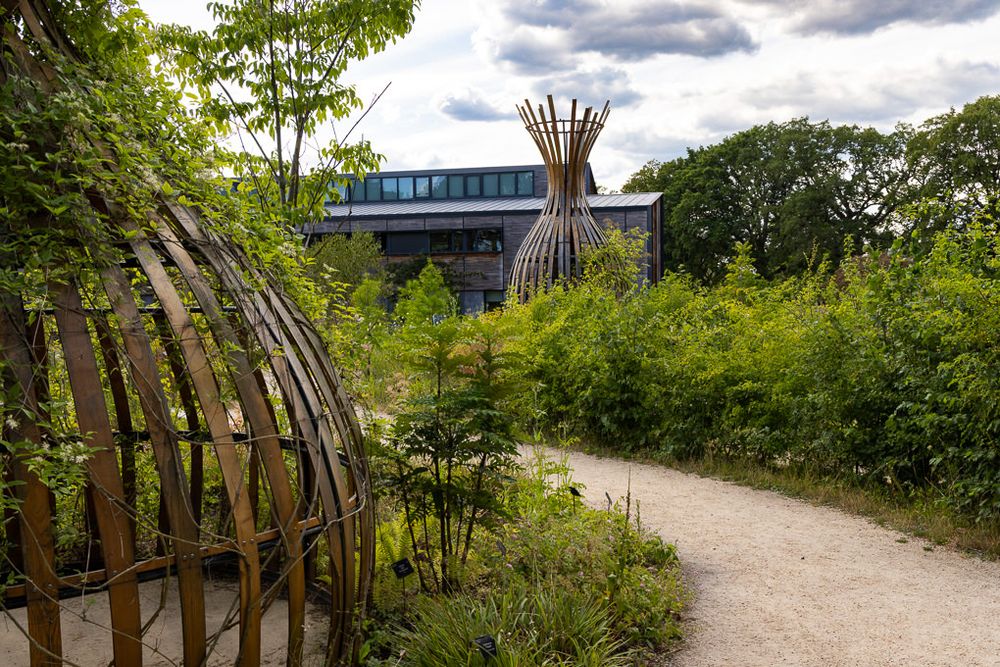 A curved wooden trellis structure and teepee frame line a winding dirt path through lush greenery at a public garden.