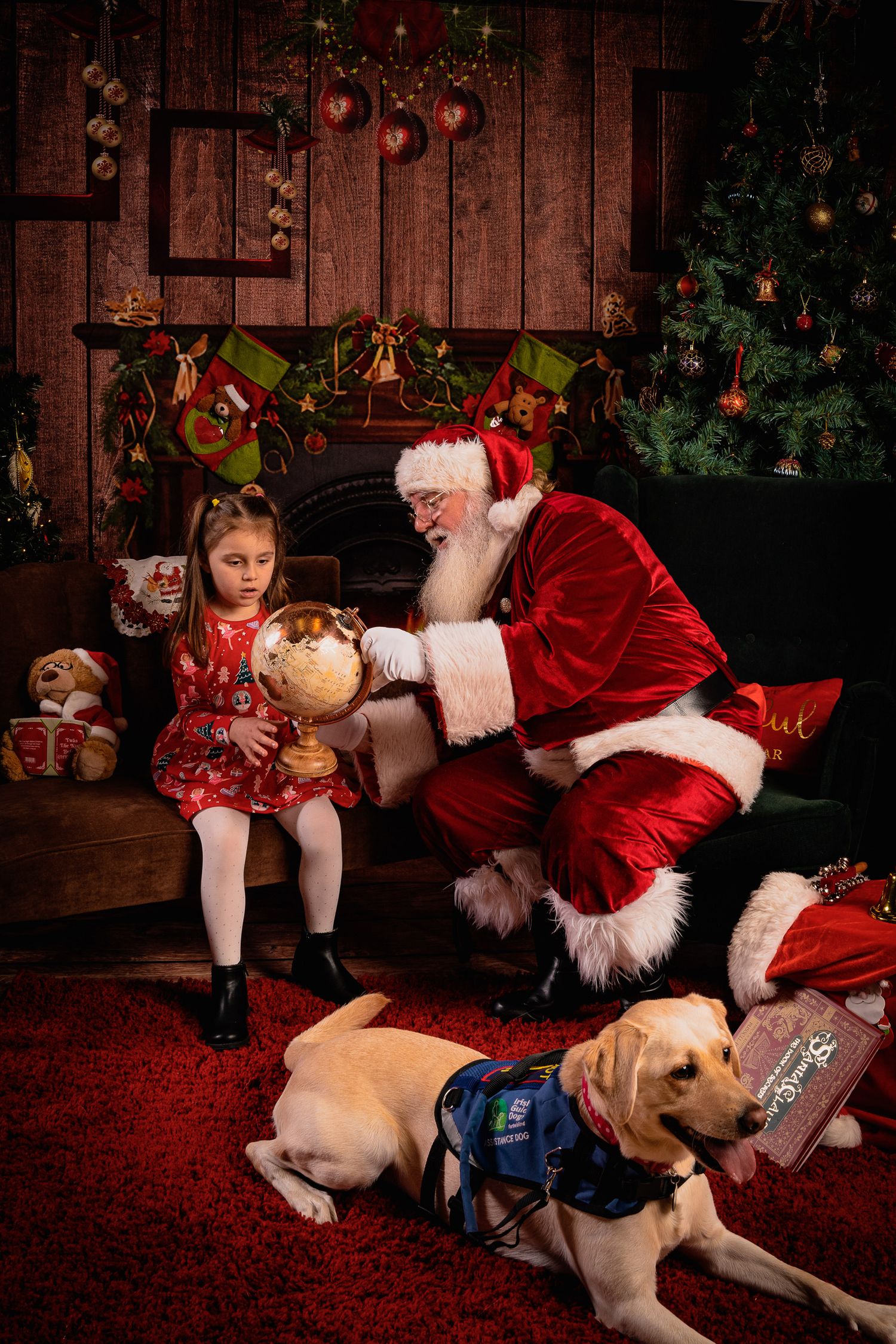 Santa Claus shows a teddy bear in a cozy Christmas setting with a service dog resting nearby.