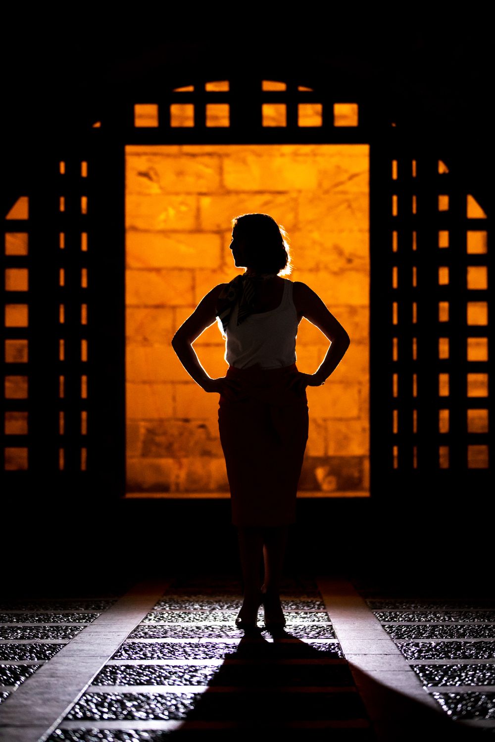 Dramatic silhouette of a person standing in a doorway framed by an ornate gate with warm orange backlighting.