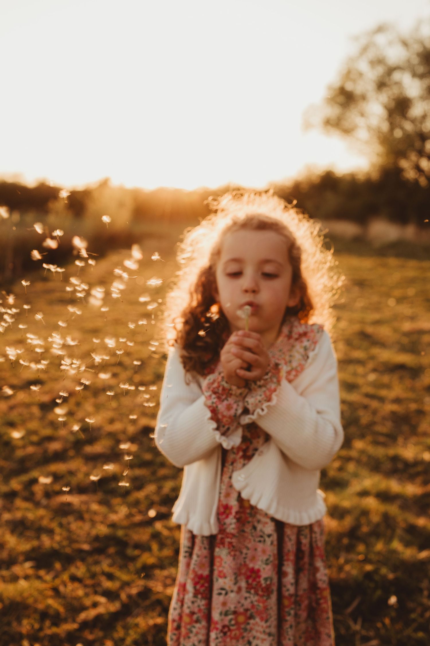 Child blowing dandelion seeds at golden sunset in a field while wearing a floral dress and white cardigan.