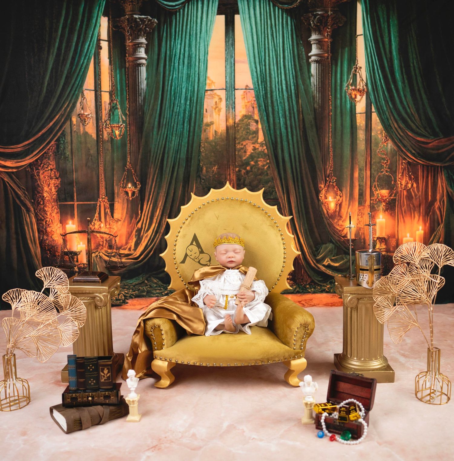 Luxurious portrait setup with emerald curtains, golden throne chair, and crystal accessories in regal setting.