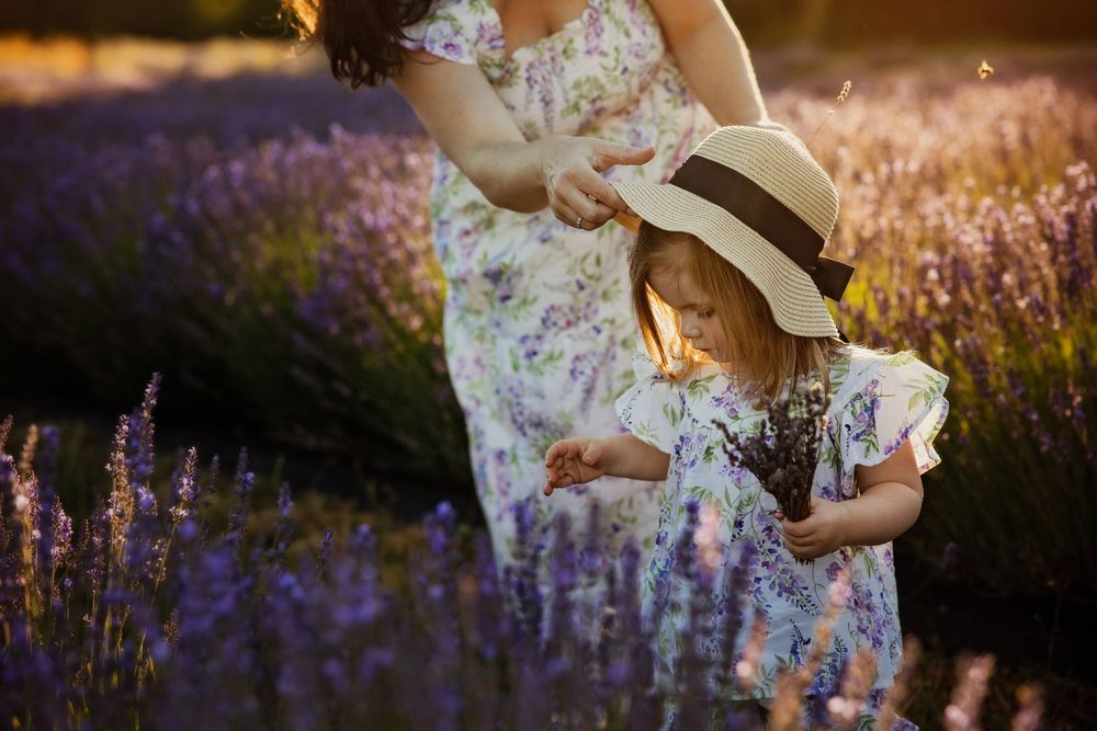 Intimate moment captured in a purple lavender field during golden hour.