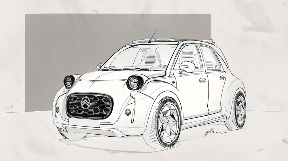 A pencil sketch of a modern compact car with rounded headlights and grille, shown from a front three-quarter view.