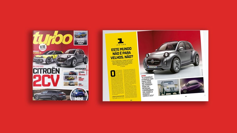 Two magazine spreads showing a Citroen 2CV car feature, with the cover displaying 'turbo' branding and interior layout pages.