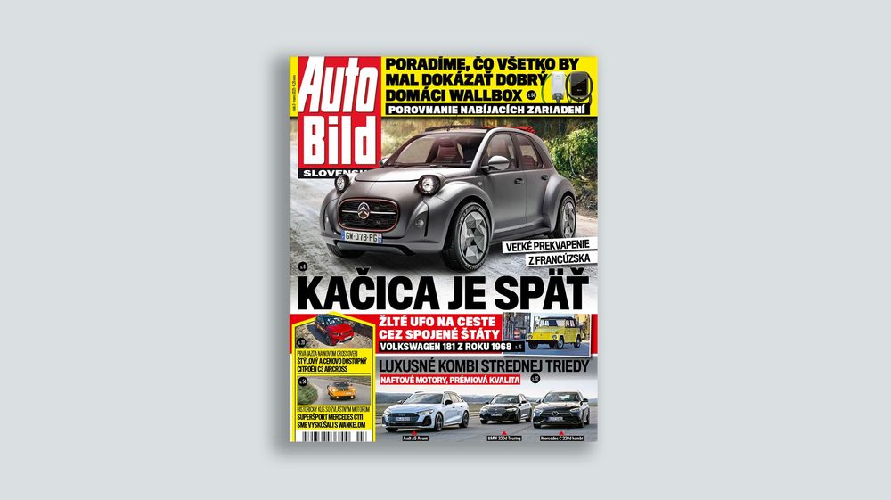 A magazine cover of Auto Bild featuring a gray 2CV-style retro car with vintage styling and prominent headlights.