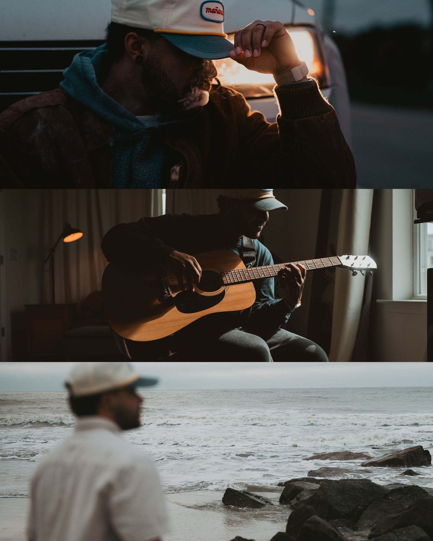 A soulful three-image series showing contemplative moments wearing a cap, playing acoustic guitar, and gazing at the ocean.