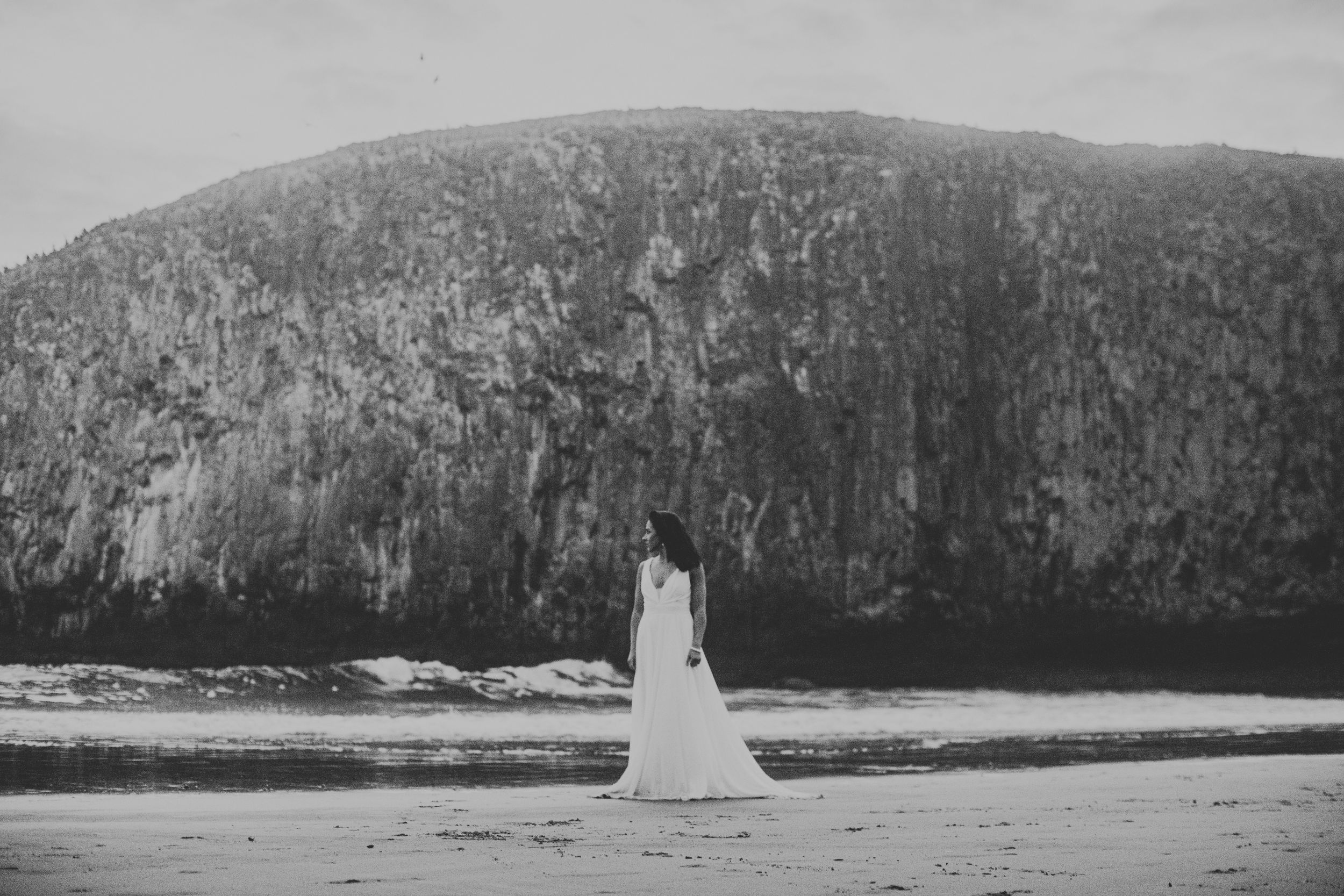 Black and white panoramic landscape of rugged coastal cliffs and ocean waves stretching across the horizon.