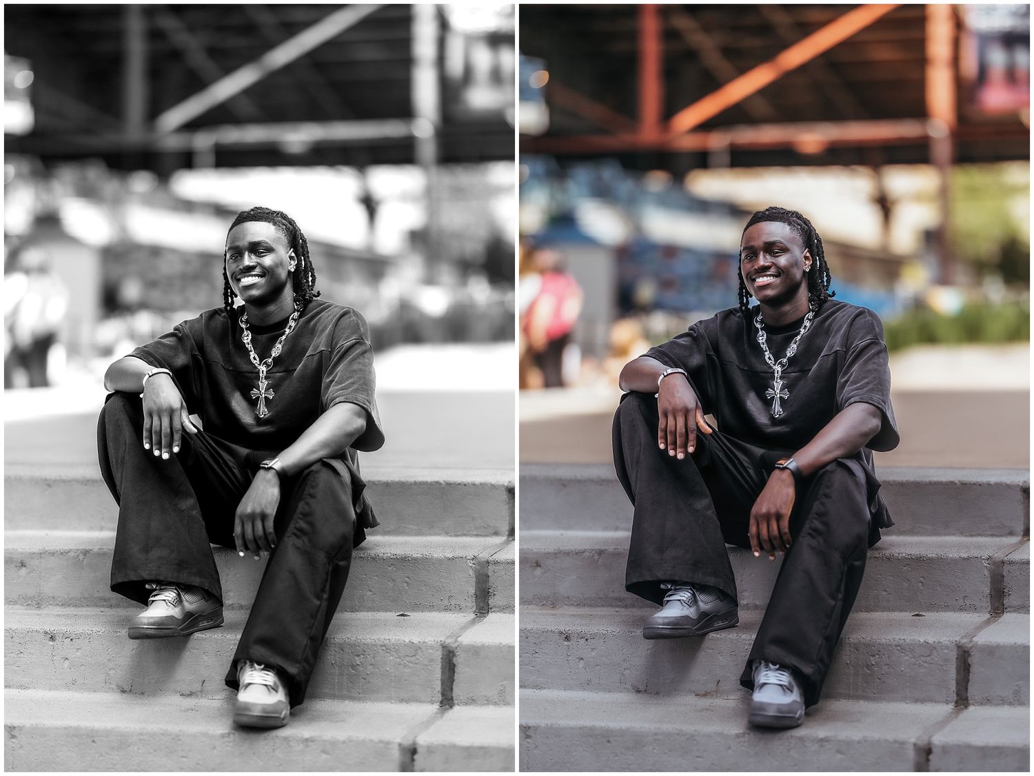 A series of photographs showing a person sitting on concrete steps in a casual urban setting.