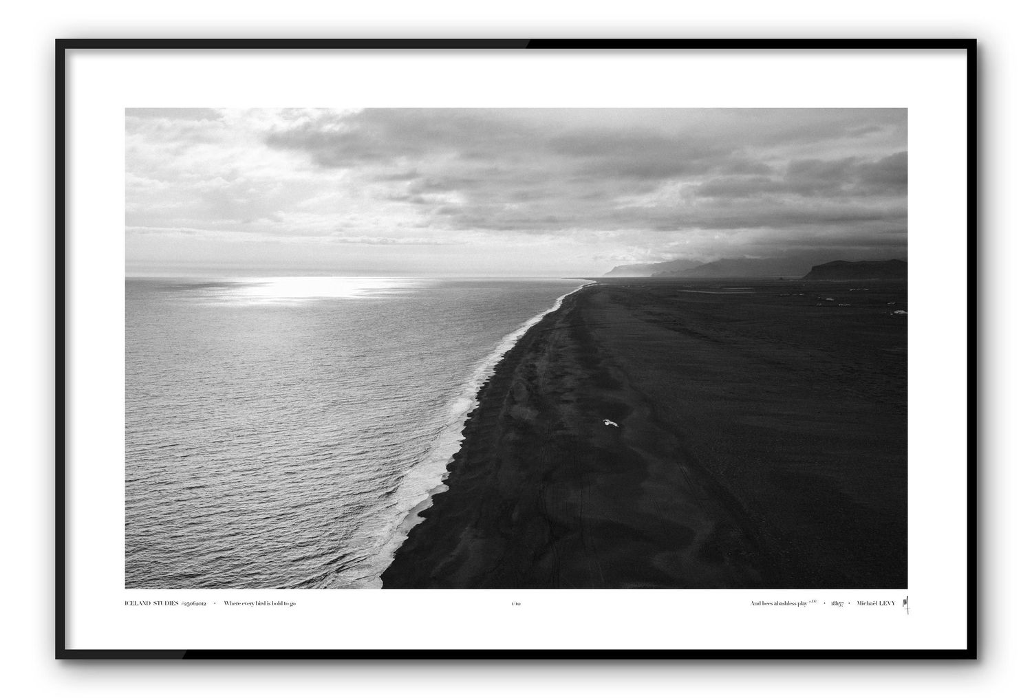 A series of minimalist black and white landscape photographs showing curved coastlines and ocean waves from an aerial view.