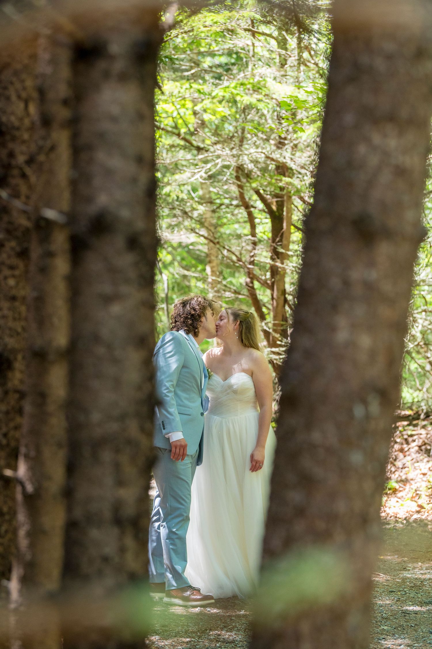 A couple shares a romantic moment in a forest setting, framed between tree trunks in soft natural lighting.