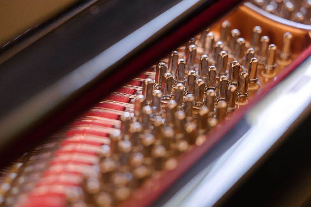 Close-up macro view of piano strings and tuning pins showing internal mechanical details.